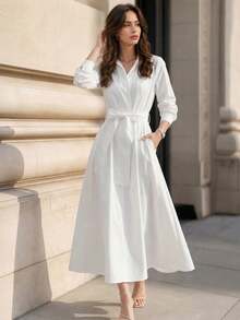 Vuslat Women's Autumn Solid Color Small Stand Collar Long Sleeve Hidden Button Waist Tie Pocket Knee-Length Shirt Dress, Commuter Wear - White - View 3
