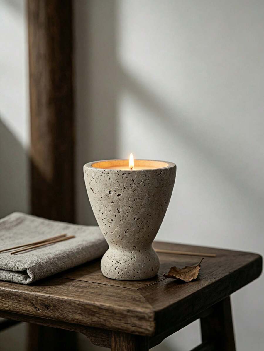 1pc Aesthetic Bulky‑Base Curved Outline Candle Holder Practical Candle Container For Dining Table Entryway Bedroom Wedding Festive Home Decoration - Stone Cup - View 1