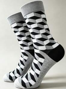 1/3/6 Pairs Men's Retro Geometric Argyle Mid-Calf Socks, Soft Breathable Classic Color Block Design Dress Socks, Suitable For Daily Casual Wear And Office - Multicolor - View 4