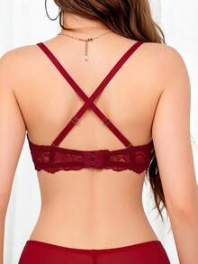 Women's Padded Red Lace Bralette Cross Back Bra With Hook And Eye Closure Adjustable Straps Soft Lingerie - Red - View 3