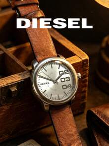 DIESEL DZ5502 Vintage Workwear Men's Watch, Silver-Grey Large Number Dial, Distressed Brown Leather Casual Wristwatch - Silver - View 2
