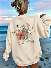 Women's Crewneck Sweatshirt, Sea Turtle Hibiscus Back Graphic Pullover, Live In The Moment Quote Casual Tops - Apricot - View 1