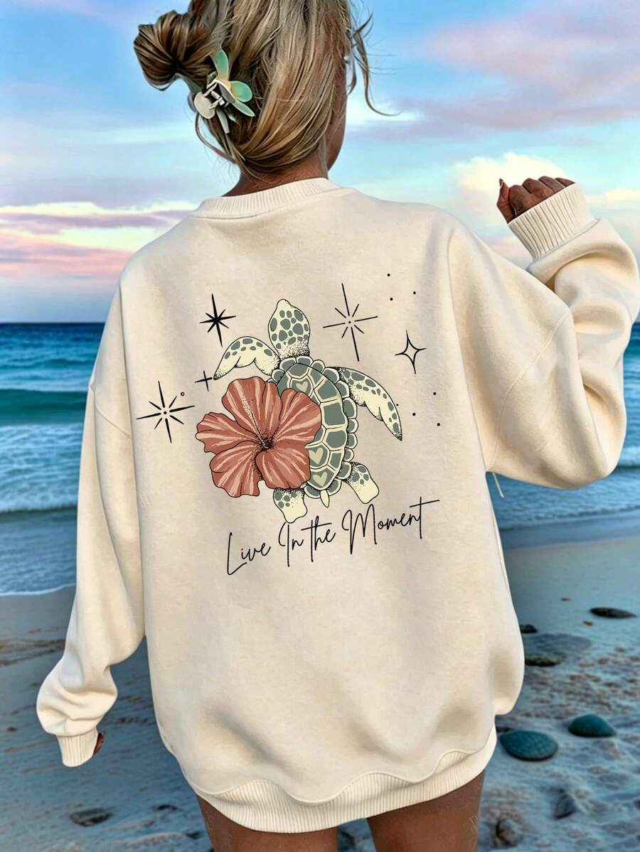 Women's Crewneck Sweatshirt, Sea Turtle Hibiscus Back Graphic Pullover, Live In The Moment Quote Casual Tops - Apricot - View 1