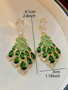 1 Pair Elegant Cubic Zirconia Teardrop Tassel Dangle Earrings, Suitable For Women's Wedding And Party Wear - Golden Yellow+Green - View 3