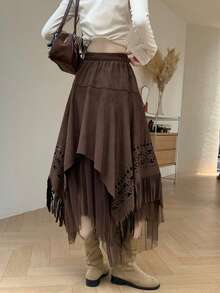 Elegant Women's Brown Bohemian Asymmetrical Long Dress With Tassels, Mesh And Hollow Design, Perfect For Autumn - Coffee Brown - View 10