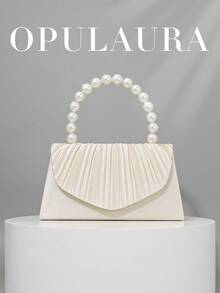 OpulAura Women's, Faux Pearl Satin Handbag, Romantic, Party Bag, Refined & Charming Evening Gown Accessory, Pleated Design Formal Ladies Clutch,Bride - Apricot - View 1