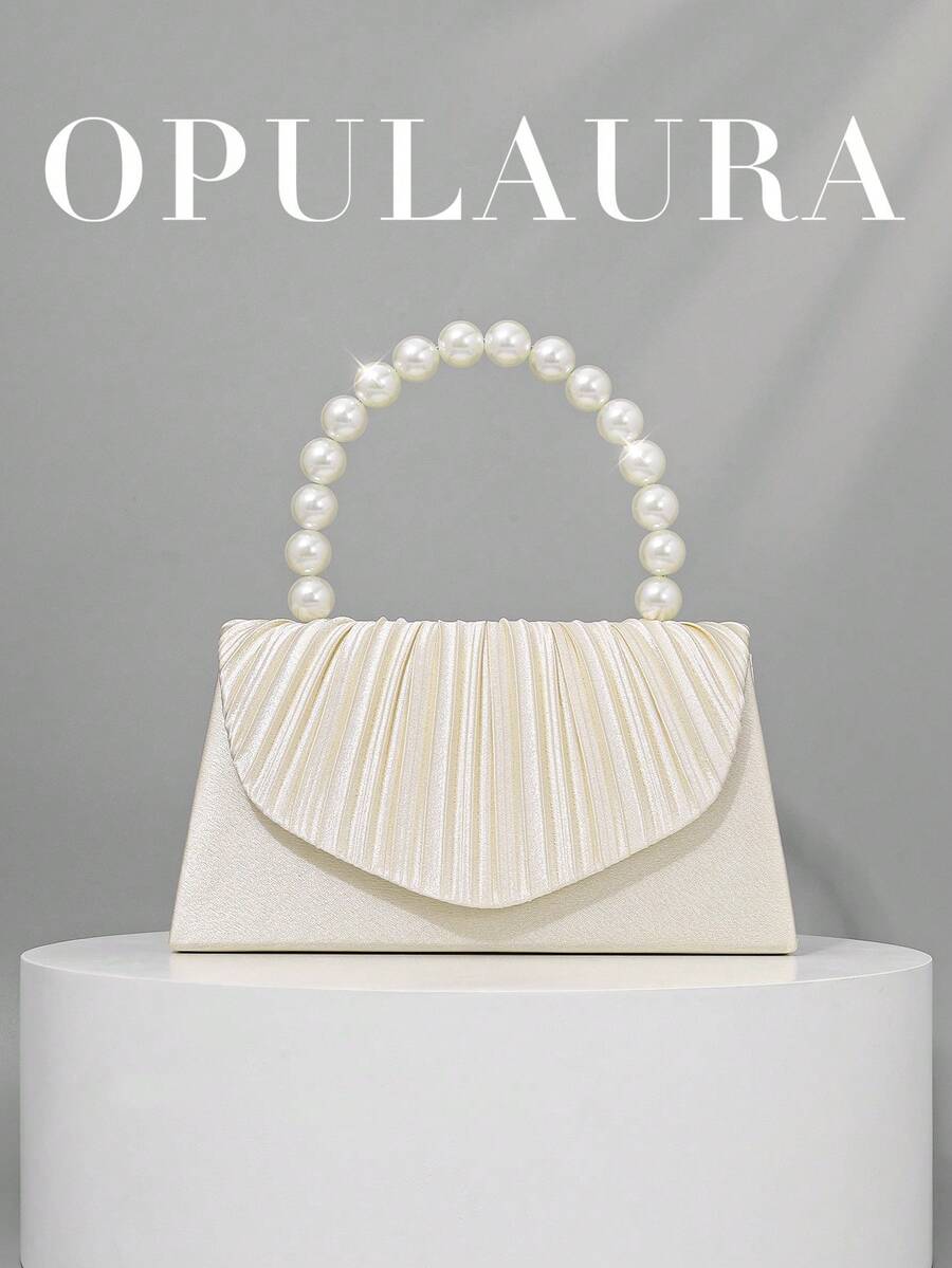 OpulAura Women's, Faux Pearl Satin Handbag, Romantic, Party Bag, Refined & Charming Evening Gown Accessory, Pleated Design Formal Ladies Clutch,Bride - Apricot - View 1