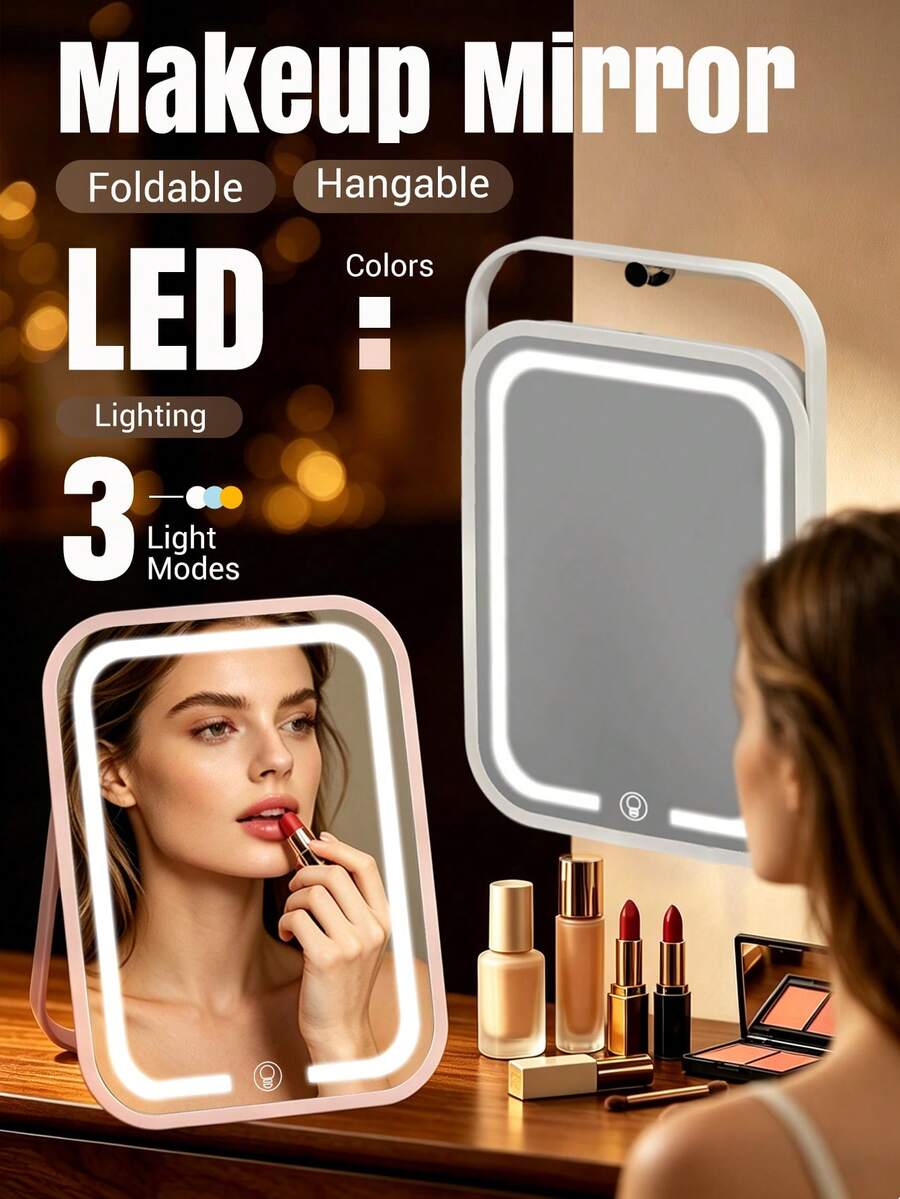 SEAGO Foldable LED Makeup Mirror, 500mAh Rechargeable Battery, Touch Control Vanity Mirror, Multi-Function 3 Lighting Modes, Suitable For Desktop, Wall-Mount And Compact Storage, Portable Travel Mirror, Perfect For Daily Makeup