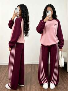 2pcs Set Girls Suitable For Teenagers - Pink And Burgundy Colorblock Crew Neck Sweatshirt And Wide Leg Joggers, Digital Print Pattern Design, Casual Sportswear Outfit, Suitable For Daily Wear, Sports, School - Burgundy - View 1