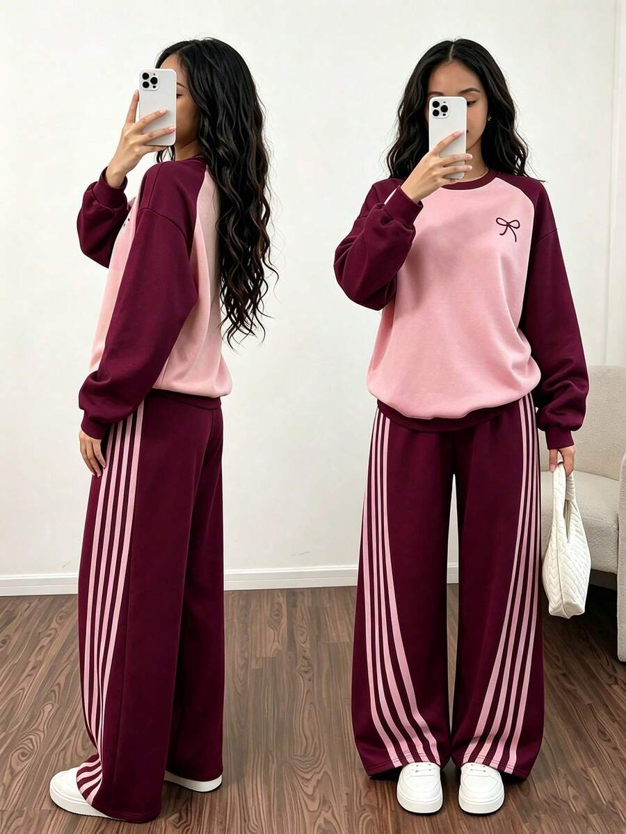 2pcs Set Girls Suitable For Teenagers - Pink And Burgundy Colorblock Crew Neck Sweatshirt And Wide Leg Joggers, Digital Print Pattern Design, Casual Sportswear Outfit, Suitable For Daily Wear, Sports, School - Burgundy - View 1