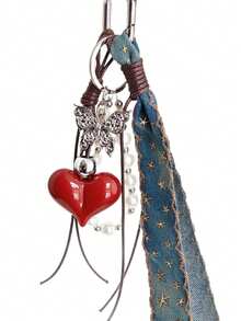 Simple Stylish Cute Bag Pendant, Heart-Shaped Decoration With Silver Bead Bow, Suitable For Daily Matching And Gift Giving As Bag Pendant Keychain - Red - View 5