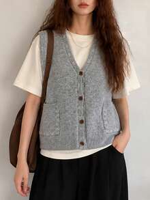 Women's Autumn/Winter Minimalist Casual Colorblock Detail V-Neck Cardigan Sweater Vest Top - Light Grey - View 3