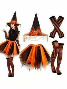 Disfraz de bruja morado y negro para mujer atuendo de cosplay de Halloween incluye falda de tul sombrero de bruja calcetines a rayas y calentadores de brazos disfraz de carnaval mascarada fiesta temática accesorio para sesión de fotos - Naranja - Ver 2