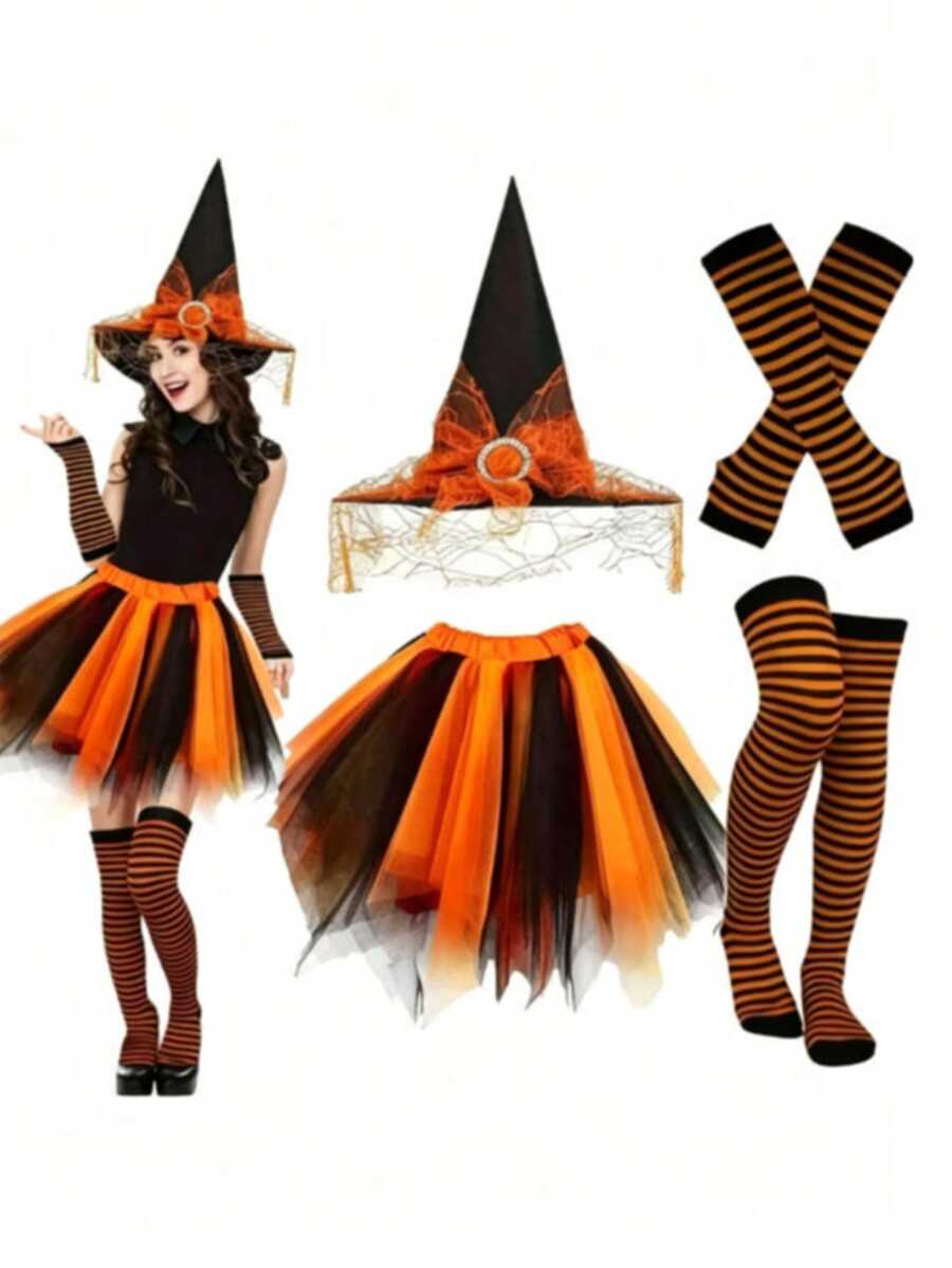女款紫色與黑色女巫服裝,萬聖節 Cosplay 套裝,包含薄紗裙、女巫帽、條紋襪與護臂,嘉年華服裝,化裝舞會,Cosplay,萬聖節,主題派對,拍照道具 - 彩色 - 查看 1
