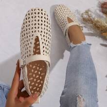 Summer New Fashion Women's Mary Jane Shoes, Buckle Square Toe Soft Sole Hollow Breathable Embroidered Low-Top Shoes - Beige - View 13