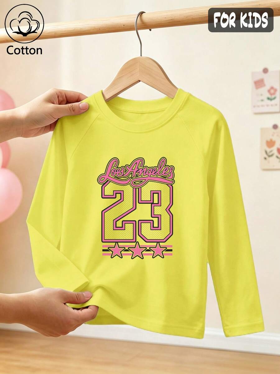 Girls Cotton Raglan Long Sleeve Tee, Autumn Winter Sporty Style With LA Graphic And Star Print, Cute Sweet Preppy Look - Bright Yellow - View 1