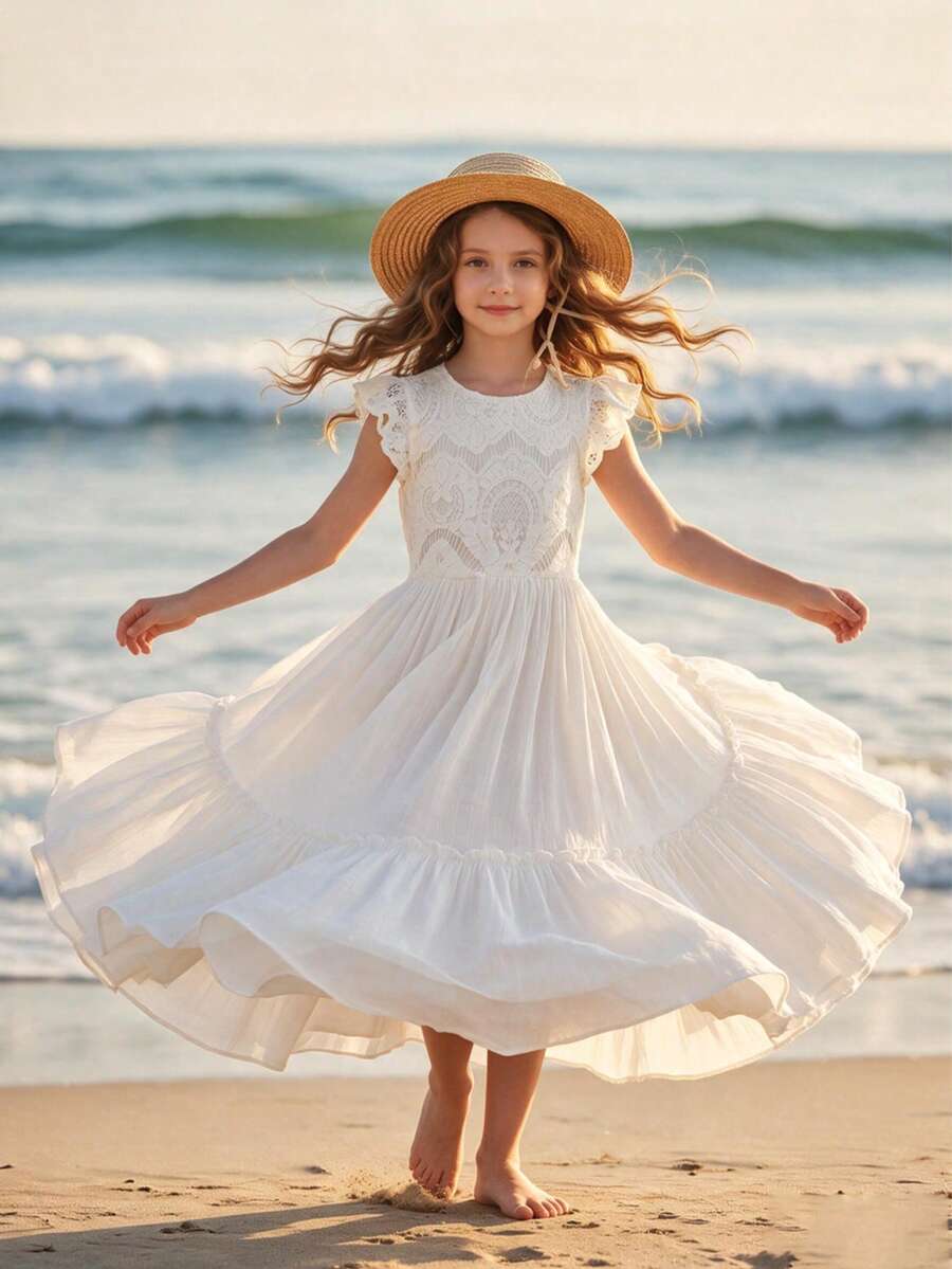 Vestido largo de niña preadolescente con parches de encaje floral calado - Blanco - Ver 1