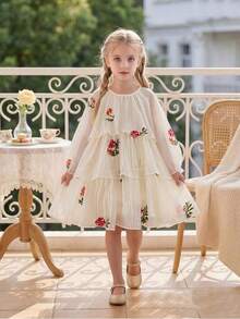 Girls' French Country Style Floral Embroidered Sweet Petal Sleeve Princess Dress, Random Embroidery, Autumn - Apricot - View 1