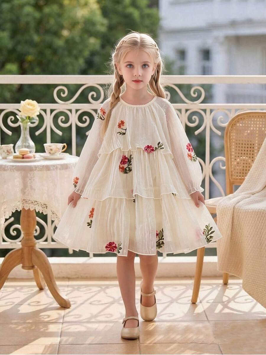 Girls' French Country Style Floral Embroidered Sweet Petal Sleeve Princess Dress, Random Embroidery, Autumn - Apricot - View 1