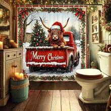 1pc Christmas Holly Bow Frame Yak Shower Curtain, American Winter Bathroom Hanging Curtain - Suitable For Bathroom Decor, Bathroom Curtain - Easy To Clean, Exquisite Home Decor, Bathroom Partition Curtain, Decorative Shower Curtain, Bathroom Accessories Home Decor Gift - Includes 12 Hooks - Multicolor - View 7