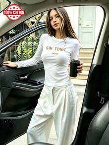 Women's Pure Cotton Long Sleeve Top T-Shirt Casual Tee With Gold 'GIN TONIC MOOD' Print, Crew Neck Slim Fit, Autumn Winter Basic Layering Blouse - White - View 1