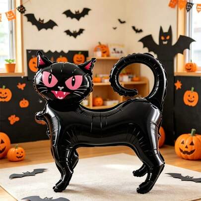 1/2 Large Black Cat Foil Balloons, Halloween Black Cat Foil Balloons, Ghost Cat Polyester Film Balloons For Halloween Party, Indoor/Outdoor Decoration, Holiday Photo Booth Props