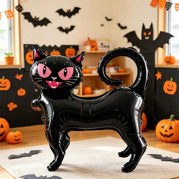1/2 Large Black Cat Foil Balloons, Halloween Black Cat Foil Balloons, Ghost Cat Polyester Film Balloons For Halloween Party, Indoor/Outdoor Decoration, Holiday Photo Booth Props