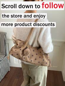 New Fall/Winter Fashionable Casual Polka-Dot Print Suede Large-Capacity Women's Shoulder Bag With Charms, Pleated Design Handbag - Khaki - View 3