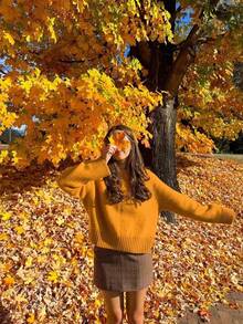 Women's Comfortable Knitted Pullover Sweater, Long Sleeve, Regular Length, Fitted Style, Mustard Yellow, Suitable For Autumn/Winter - Orange - View 2