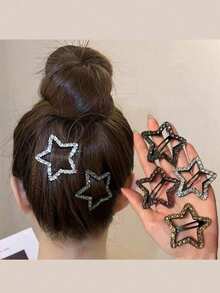 4pcs/Set Girls Rhinestone Star Fashion Hair Clips, High-End Hollow Hair Clips And Accessories - Multicolor - View 4