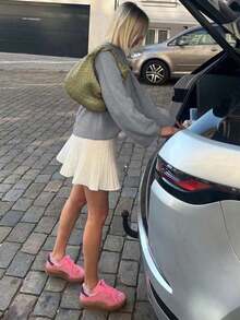 秋冬新款女款粉色圓領長袖針織毛衣，寬鬆簡約百搭落肩套頭毛衣 - 中灰 - 查看 6