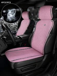 6/2pcs Universal Car Seat Covers, Pink Premium Faux Leather Seat Cushions With Crown Logo And Shiny Rhinestone Trim, Non-Slip Bottom, Breathable And Wear-Resistant, Car Seat Pads - Type a - View 1