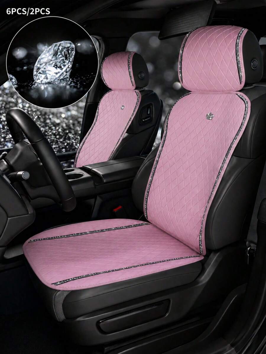 6/2pcs Universal Car Seat Covers, Pink Premium Faux Leather Seat Cushions With Crown Logo And Shiny Rhinestone Trim, Non-Slip Bottom, Breathable And Wear-Resistant, Car Seat Pads - Type a - View 1