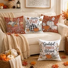 4pcs Vintage Autumn Pumpkin Pattern Cushion Covers, Single-Sided Printed Skin-Friendly Peach Skin Velvet Material, 45*45CM Pillow Covers Suitable For Room Decoration, Indoor Sofa Living Room Decoration Party Decoration, Decorative Cushion Covers Gift - Multicolor - View 2
