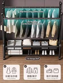 Double‑Pole Floor‑Standing Movable Coat Rack With Universal Casters For Easy Movement, Side Hooks, Double‑Layer Storage Space, Thickened Stable Tubing, Available In Black And White, Provides Large‑Capacity Storage For Clothes, Hats And Shoes - A - View 7