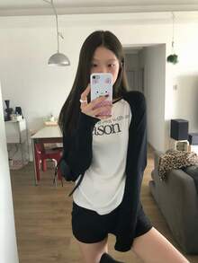 Women's Letter Print Colorblock Casual Daily Long Sleeve Top - Black and White - View 7