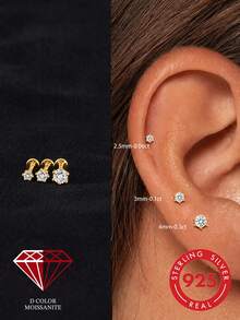 1pc 0.3ct Moissanite 925 Sterling Silver 18K Gold Plated Flat Back Cartilage Spiral Ear Stud Bridal Jewelry Daily Wear Wedding - Silver - View 16