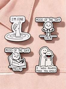 4pcs Stick Figure Humorous Mood Text Quote Enamel Pin, Cartoon Funny Mental State Badge, Fashion Clothes Backpack Accessory, Amusing Gift For Friends - Black and White - View 5
