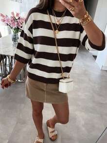 Women's New Autumn Color Block Striped Round Neck Knit Top, Gentle And Versatile For Daily And Campus Wear - Small White Apricot - View 4
