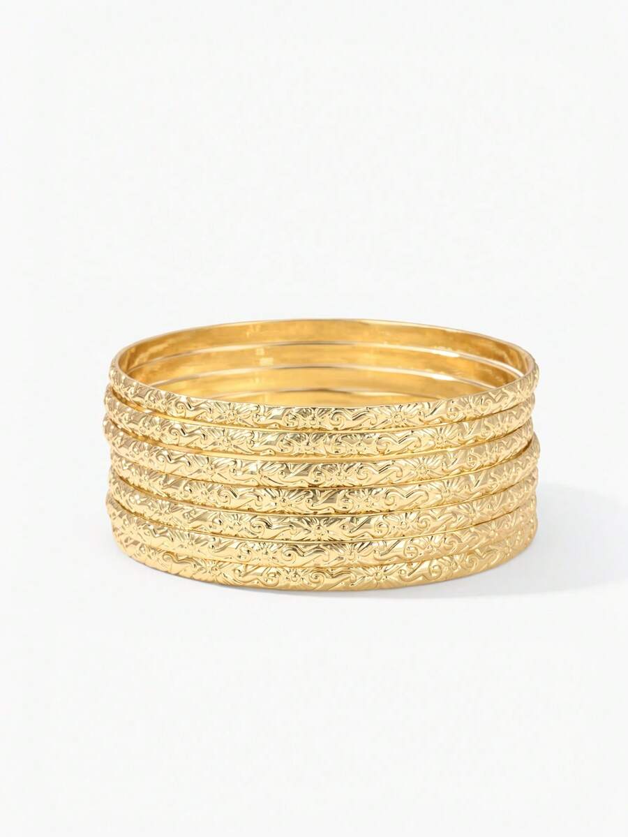 Vandermere 7pcs/Set 3mm Wide Hawaiian Style Vine Pattern Bracelet, 14K Gold Plated Copper Chain - Gold - View 1