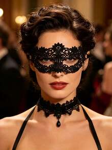 2pcs Sexy Lace Eye Mask & Lace Choker Set, Mysterious Venetian Masquerade Style Mask, Suitable For Carnival And Halloween Party Costumes - Eye Mask + Collar - View 1