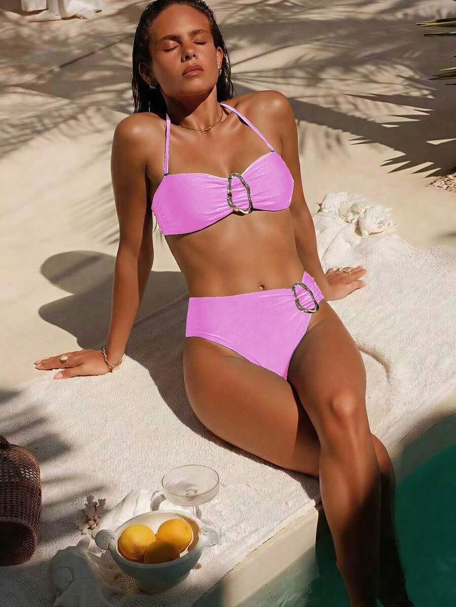Women's Solid Color Flat Chest Hanging Neck Bikini Two Pieces Set, With Metal Accessories In The Middle, Suitable For Island Vacation - Pink - View 1