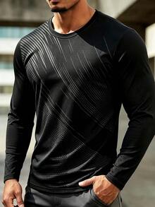 Men's Outdoor Long Sleeve T-Shirt, Diagonal Stripe & Mesh Patchwork Design, Sports Casual Long Sleeve, Suitable For Outdoor Hiking And Climbing Activities - Black - View 1