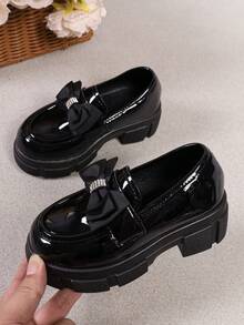 Preppy‑Style Kids' Loafers, Street‑Style Slip‑On Shoes With Gear‑Pattern Thick Soles, Casual Flat Shoes, Suitable For Daily Outfits - Black - View 1