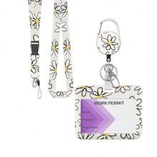 1pc Fashionable Sliding Badge Holder With Floral Pattern And Scroll, Retractable Quick Release, Badge Holder With Rotating Badge Clip And Detachable Lanyard, Horizontal Card Protector, Medical Assistant Badge Buddy Suitable For Office Staff, Nurses, Teachers, Doctors Office Supplies - Daisy Flower Style - View 1