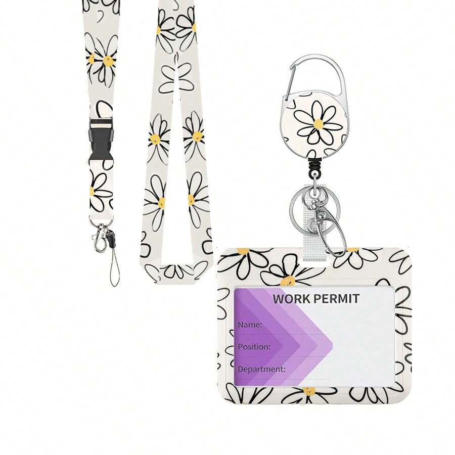 1pc Fashionable Sliding Badge Holder With Floral Pattern And Scroll, Retractable Quick Release, Badge Holder With Rotating Badge Clip And Detachable Lanyard, Horizontal Card Protector, Medical Assistant Badge Buddy Suitable For Office Staff, Nurses, Teachers, Doctors Office Supplies - Daisy Flower Style - View 1