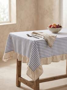 1pc Fresh Blue Striped Ruffle Edge Tablecloth, American Country Style Simple Decorative Dining Table Cloth, Rectangular Coffee Table TV Cabinet Entryway Multi-Functional Cover, Suitable For Holiday Party Birthday Party Wedding Dinner Table Decoration Room Decoration Office Desk Coffee Table Mat Outdoor Picnic Mat Home Decor Room Decoration All Season - Navy Blue - View 7