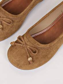 Spring Autumn New Faux Suede Ballet Flats, Round Toe Slip‑On Shoes, Bow Bead Decor Cute Versatile Low Vamp Flat Daily Shoes - Brown - View 6