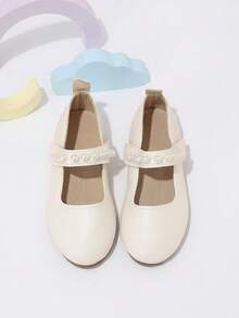 1 Pair Girls' Beige Pearl Hook & Loop Mary Jane Shoes, Suitable For Spring/Autumn Daily Wear, Vacation, Picnic - Beige - View 4