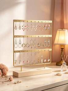 1pc Neutral Detachable Pendant Necklace Display Stand (Wooden Base), Multi-Row Jewelry Storage Rack, Suitable For Earrings, Jewelry, Hoop Earrings And Pendant Earrings, Can Be Placed On Vanity, Suitable For Bedroom And Vanity Use - Gold - View 4